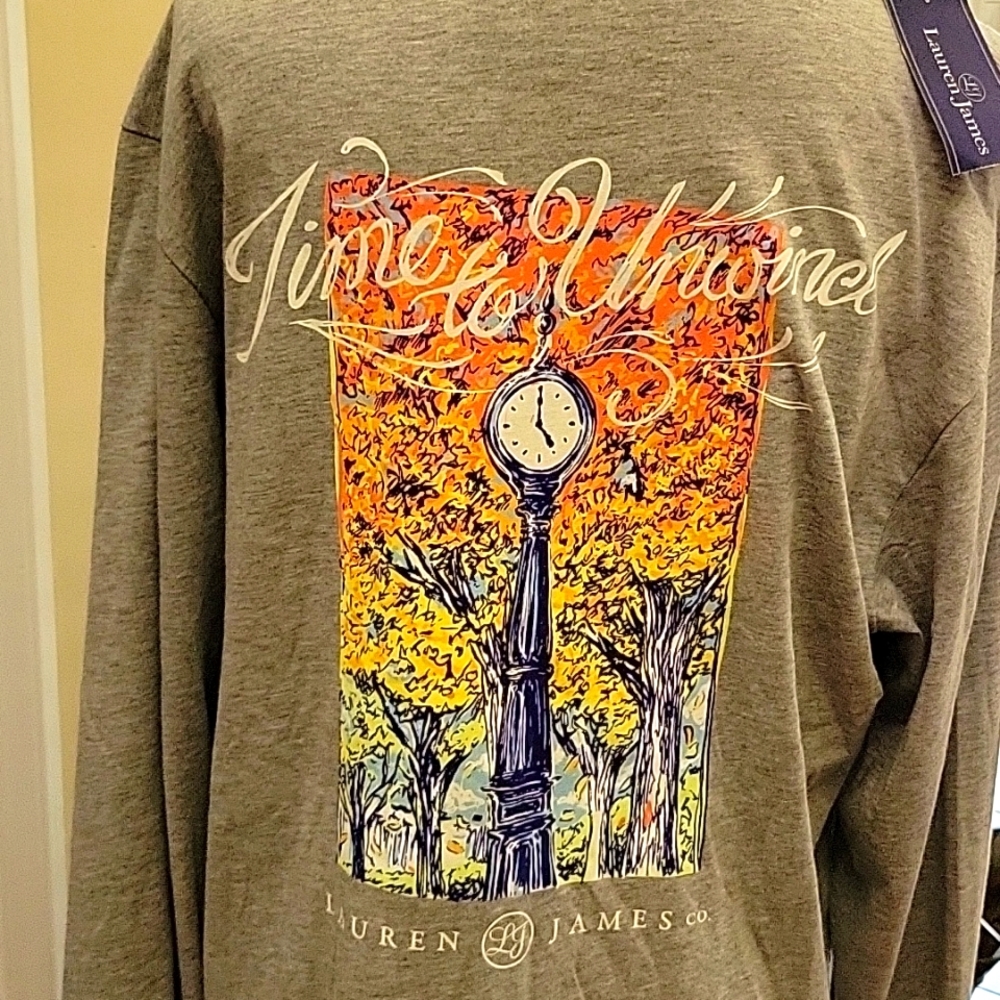 Lauren James TIME TO UNWIND gray long sleeve tee orange yellow blue Medium NEW…